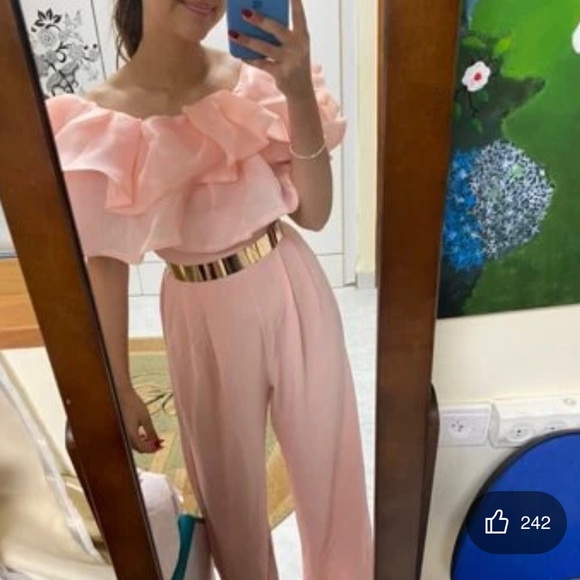 SHEIN Privé Off Shoulder Layered Ruffle Detail Palazzo Jumpsuit - Picture 4 of 4